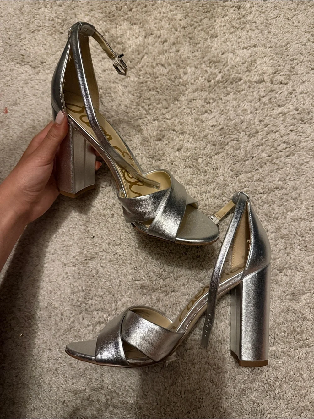 Sam Edelman Silver Ankle-Strap Block Heel Sandal Size 7.5